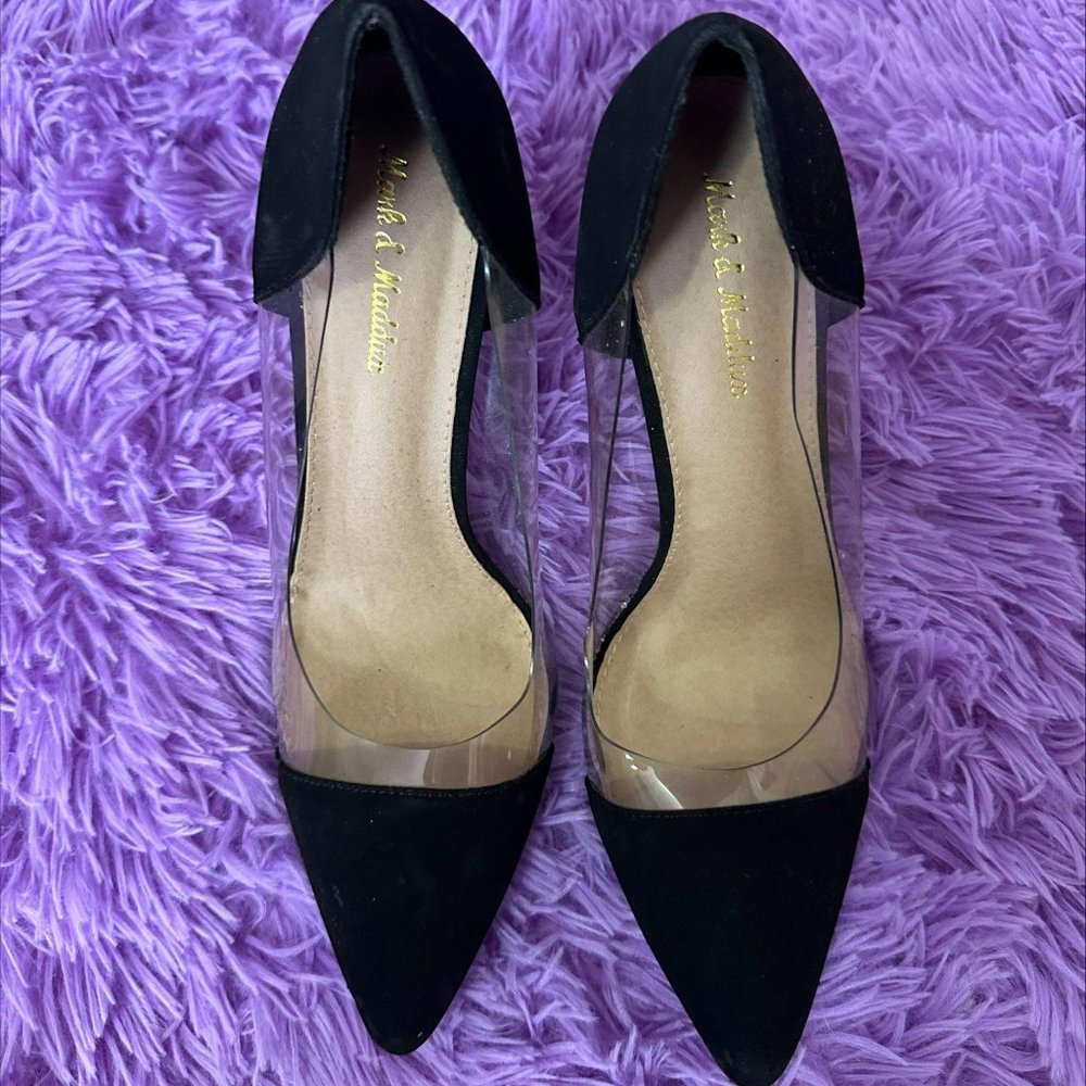 MARK & MADDUX BLACK AND TRANSPARENT STILETTO HEELS- SIZE 10